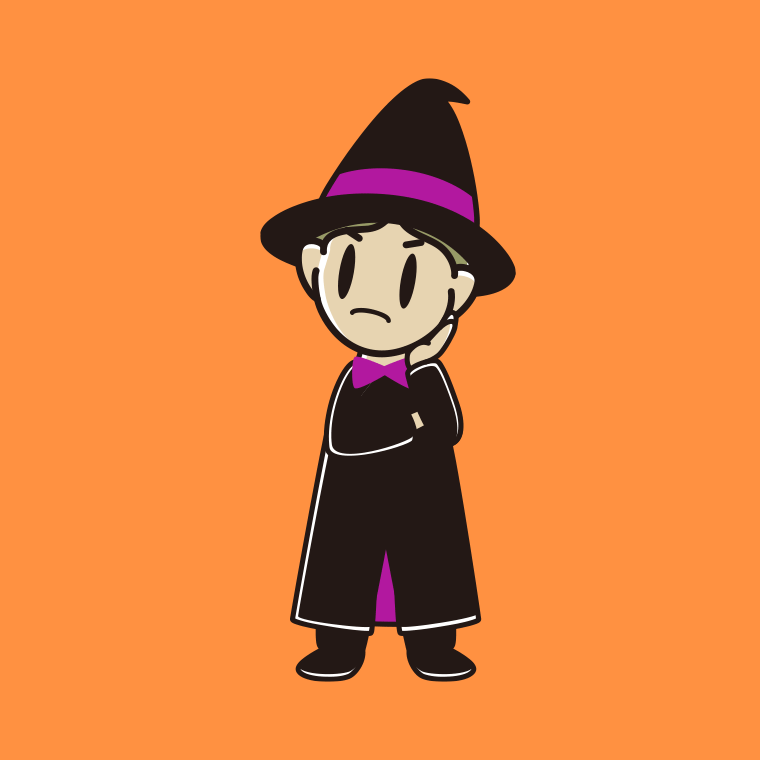 考えるハロウィンのコスプレ姿の小学生男子のイラスト【色、背景あり】PNG