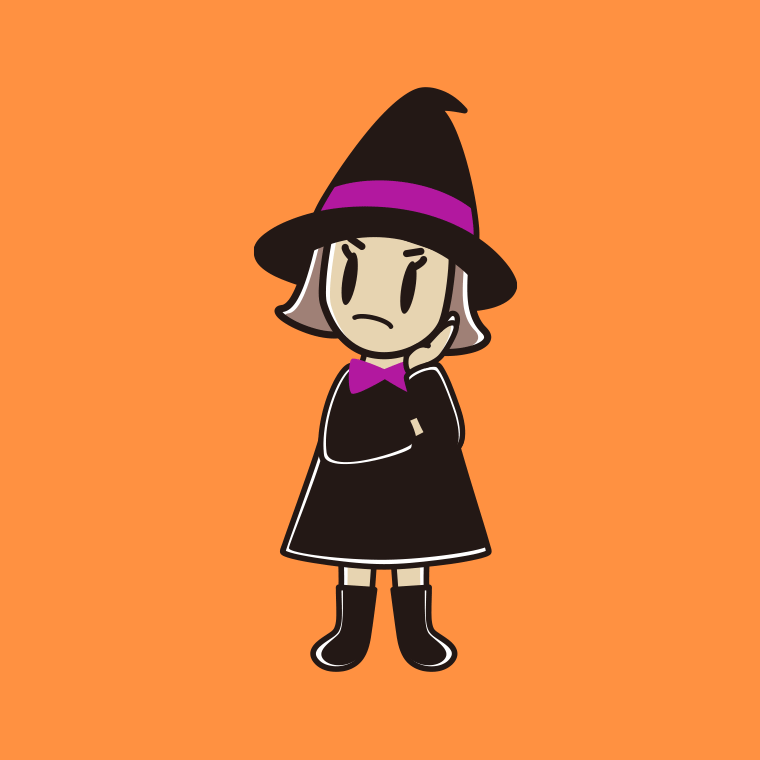 考えるハロウィンのコスプレ姿の小学生女子のイラスト【色、背景あり】PNG