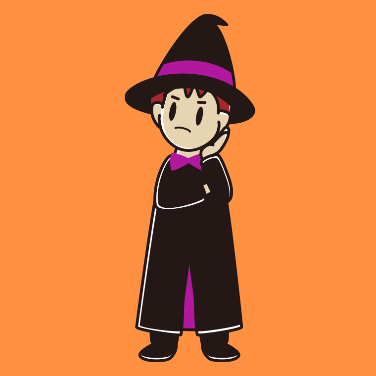 考えるハロウィンのコスプレ姿の男子大学生のイラスト【色、背景あり】PNG