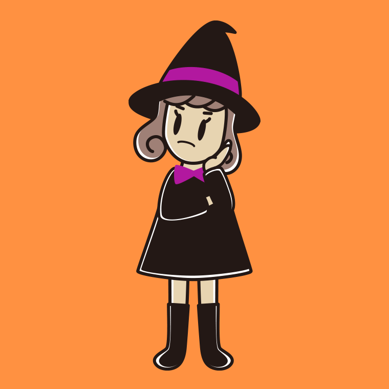 考えるハロウィンのコスプレ姿の女子大学生のイラスト【色、背景あり】PNG