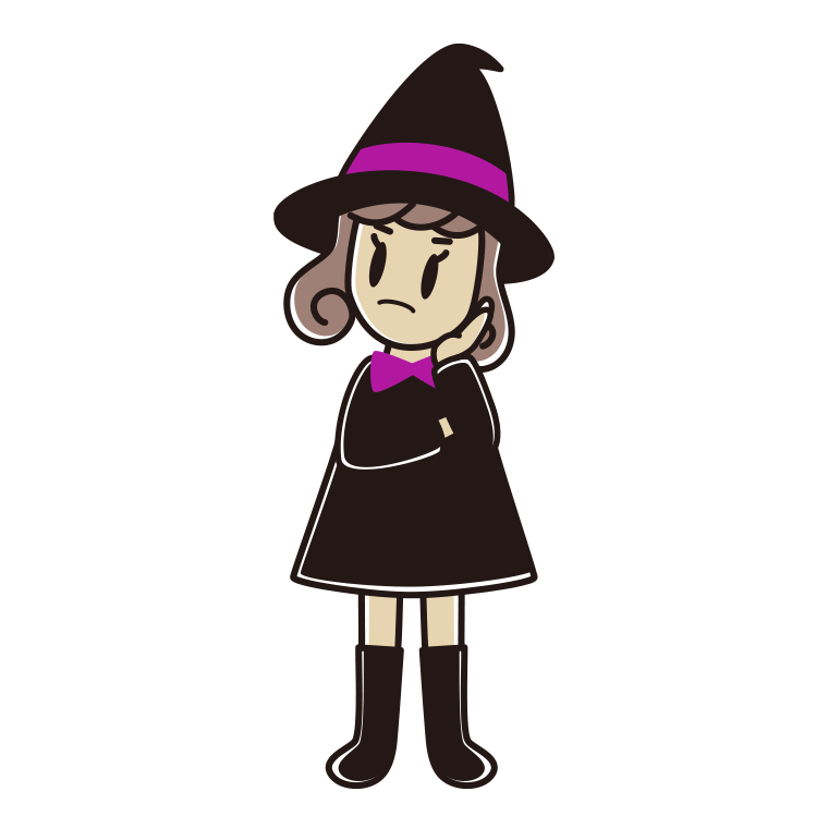 考えるハロウィンのコスプレ姿の女子大学生のイラスト【色あり、背景なし】透過PNG