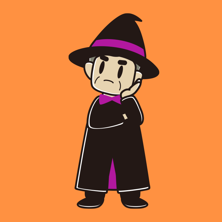 考えるハロウィンのコスプレ姿のおじさんのイラスト【色、背景あり】PNG