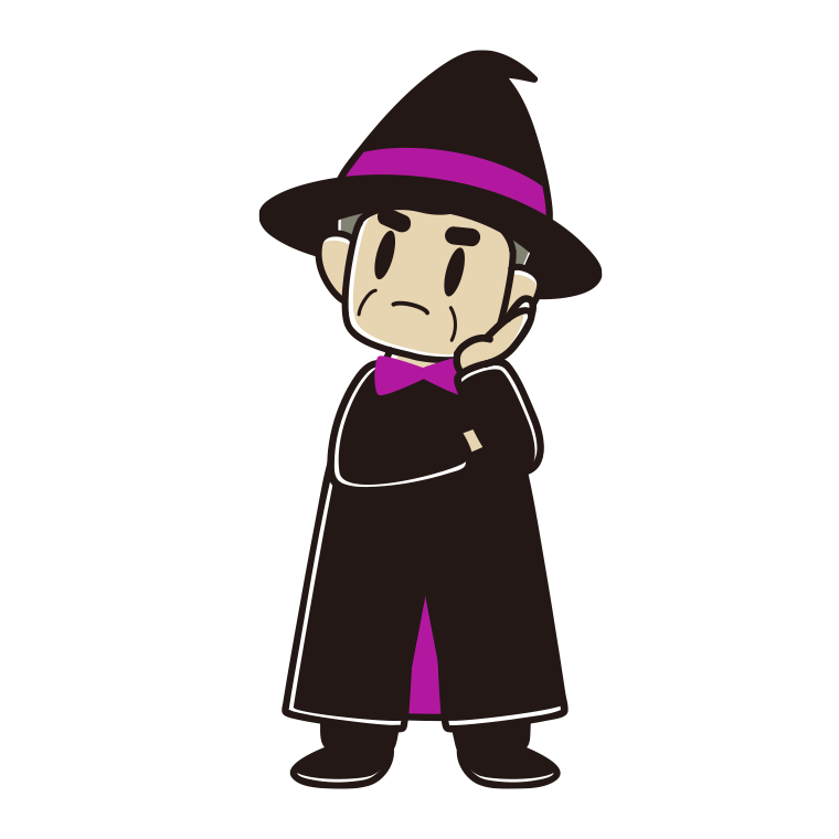 考えるハロウィンのコスプレ姿のおじさんのイラスト【色あり、背景なし】透過PNG