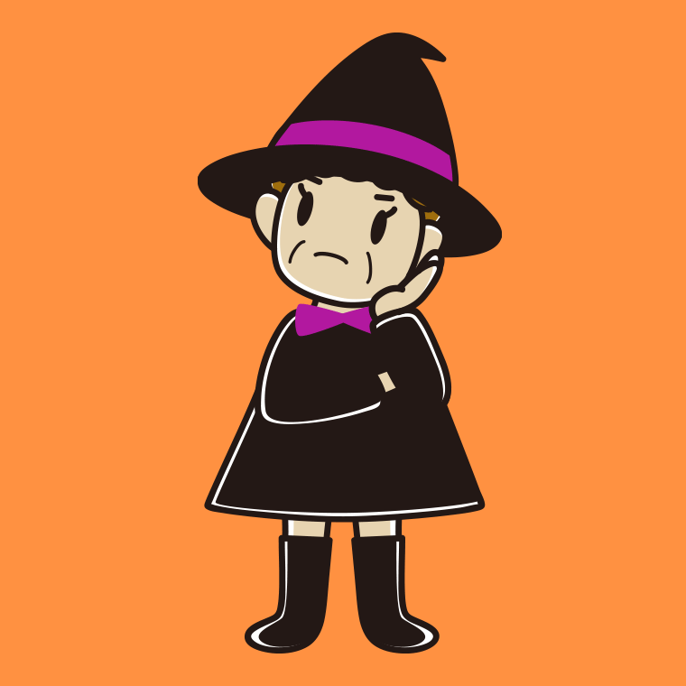 考えるハロウィンのコスプレ姿のおばさんのイラスト【色、背景あり】PNG