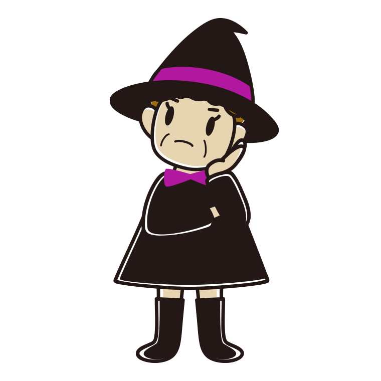 考えるハロウィンのコスプレ姿のおばさんのイラスト【色あり、背景なし】透過PNG