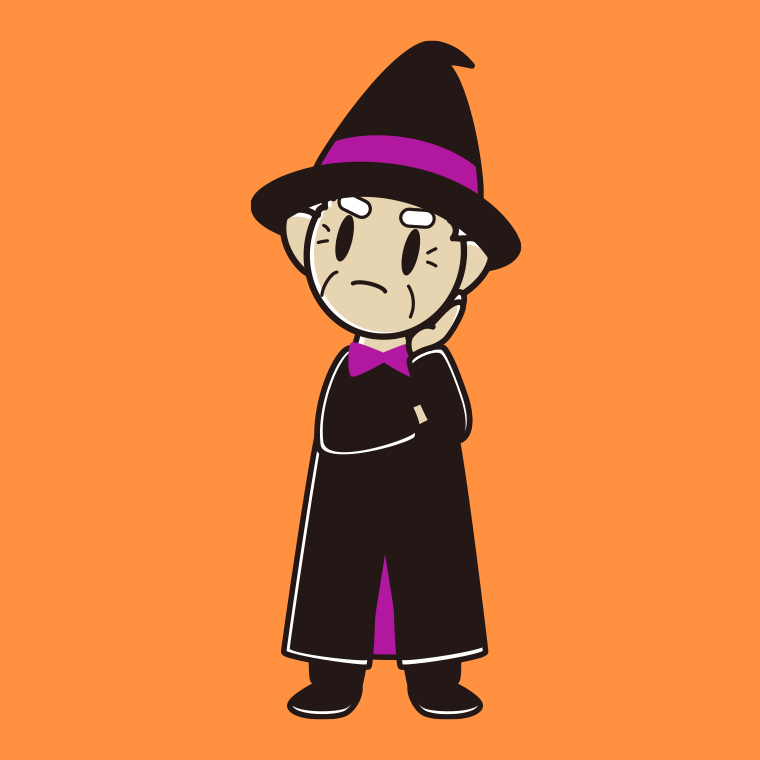 考えるハロウィンのコスプレ姿のおじいさんのイラスト【色、背景あり】PNG