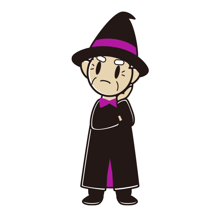 考えるハロウィンのコスプレ姿のおじいさんのイラスト【色あり、背景なし】透過PNG