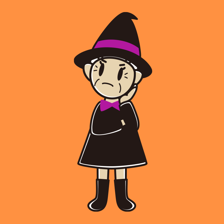 考えるハロウィンのコスプレ姿のおばあさんのイラスト【色、背景あり】PNG