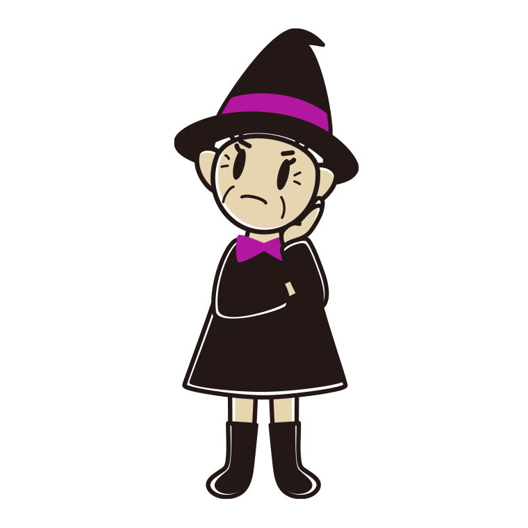 考えるハロウィンのコスプレ姿のおばあさんのイラスト【色あり、背景なし】透過PNG