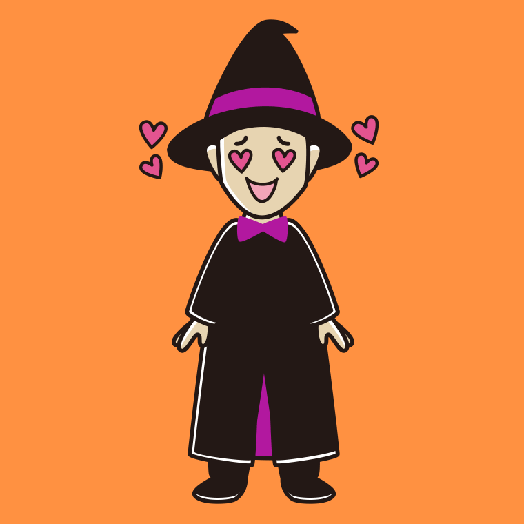 目がハートのハロウィンのコスプレ姿の男性のイラスト【色、背景あり】PNG