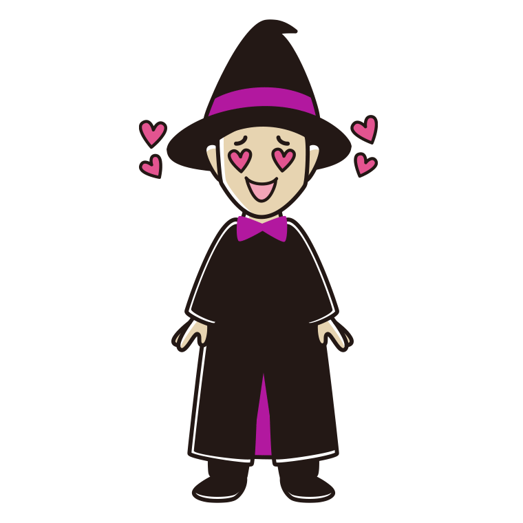 目がハートのハロウィンのコスプレ姿の男性のイラスト【色あり、背景なし】透過PNG