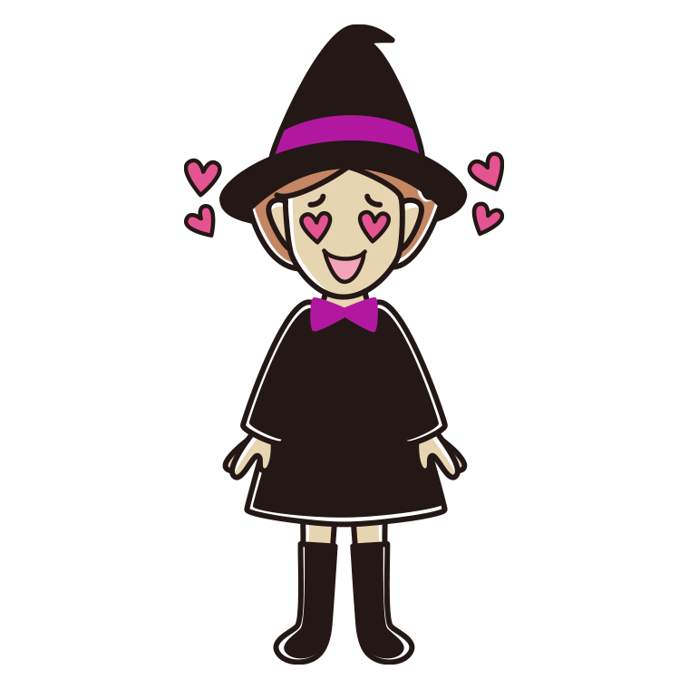 目がハートのハロウィンのコスプレ姿の女性のイラスト【色あり、背景なし】透過PNG