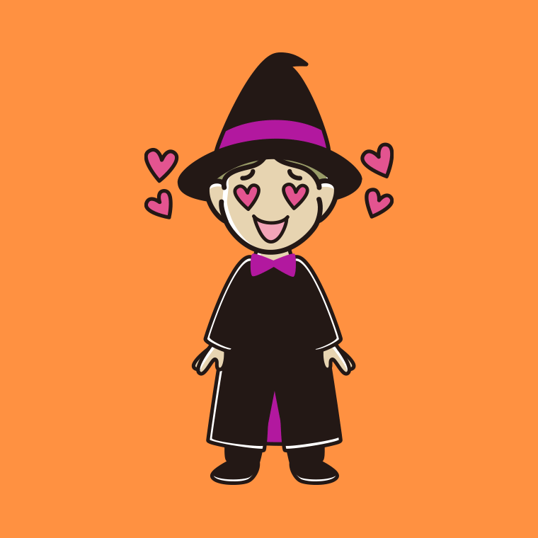 目がハートのハロウィンのコスプレ姿の小学生男子のイラスト【色、背景あり】PNG