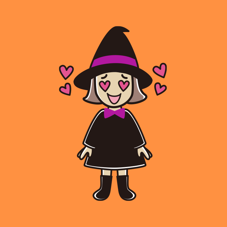目がハートのハロウィンのコスプレ姿の小学生女子のイラスト【色、背景あり】PNG