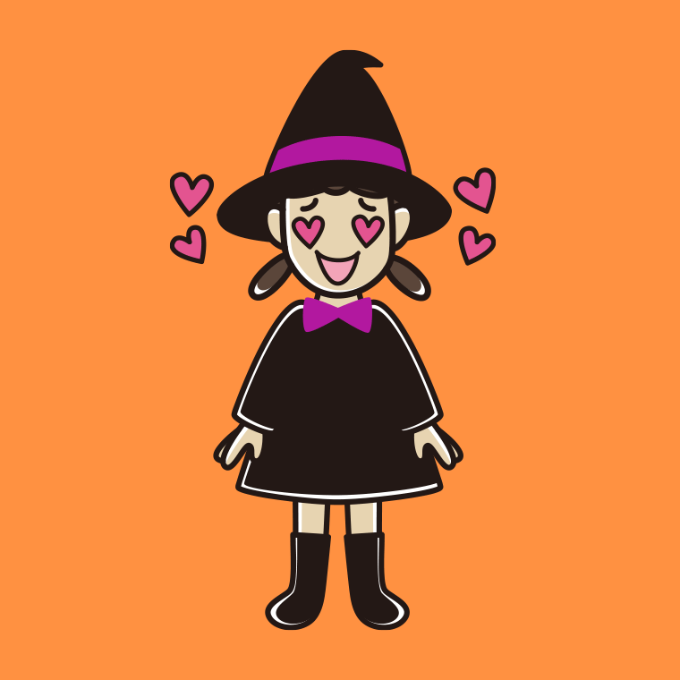 目がハートのハロウィンのコスプレ姿の女子中学生のイラスト【色、背景あり】PNG