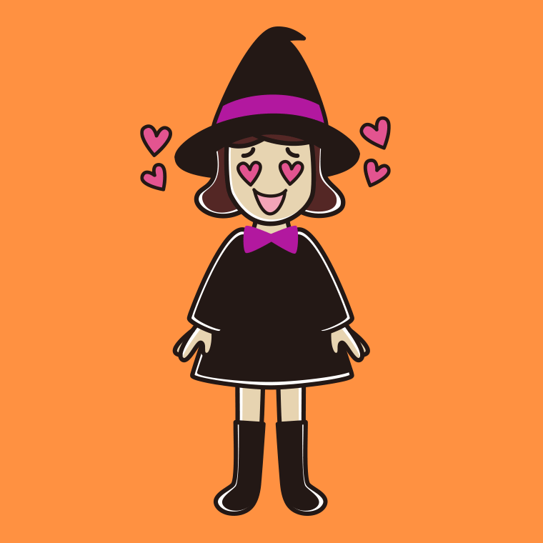 目がハートのハロウィンのコスプレ姿の女子高校生のイラスト【色、背景あり】PNG