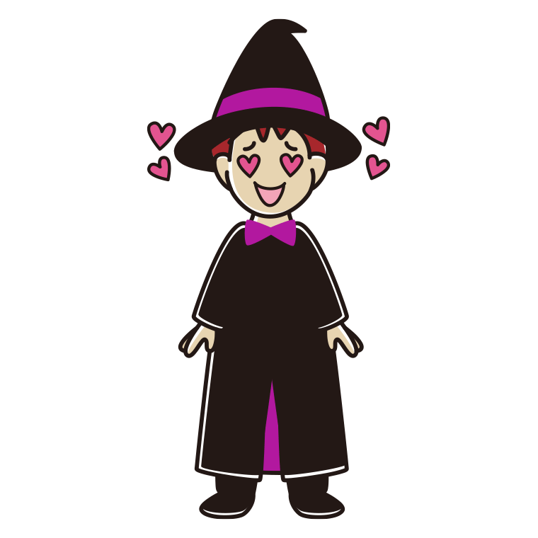 目がハートのハロウィンのコスプレ姿の男子大学生のイラスト【色あり、背景なし】透過PNG