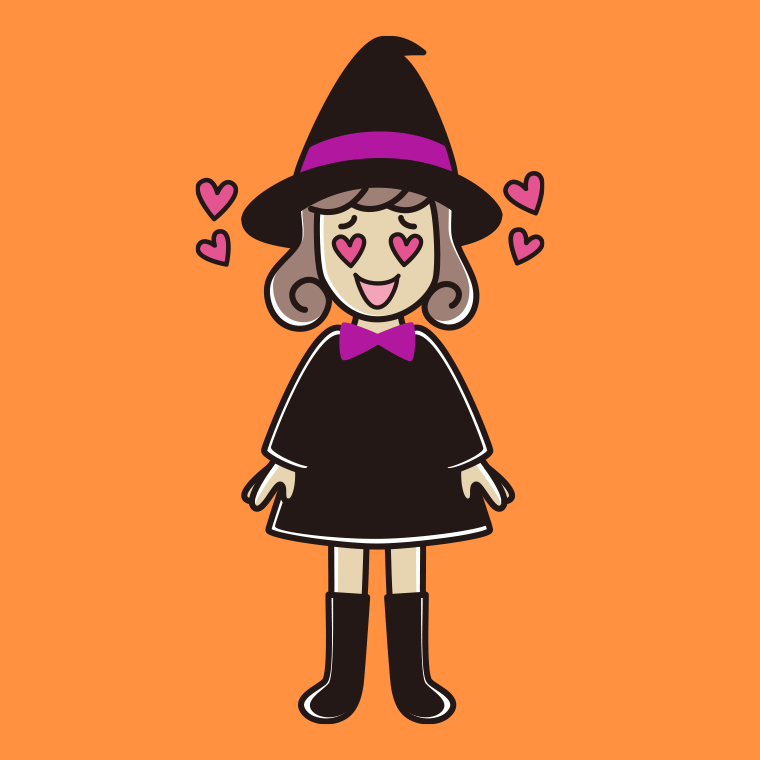 目がハートのハロウィンのコスプレ姿の女子大学生のイラスト【色、背景あり】PNG