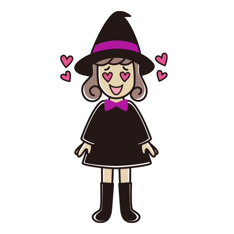目がハートのハロウィンのコスプレ姿の女子大学生のイラスト【色あり、背景なし】透過PNG