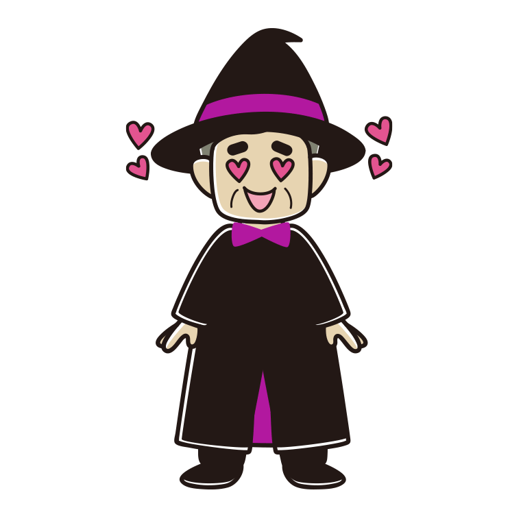 目がハートのハロウィンのコスプレ姿のおじさんのイラスト【色あり、背景なし】透過PNG