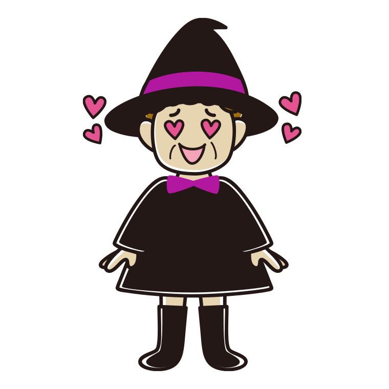 目がハートのハロウィンのコスプレ姿のおばさんのイラスト【色あり、背景なし】透過PNG