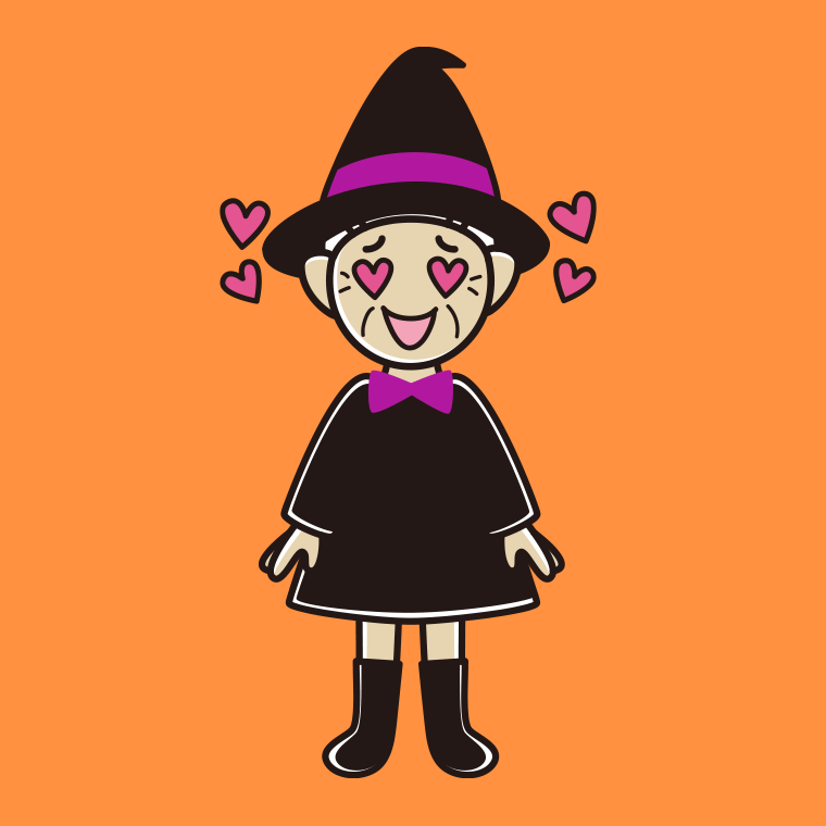 【フリー素材】目がハートのハロウィンのコスプレ姿のおばあさんのイラスト