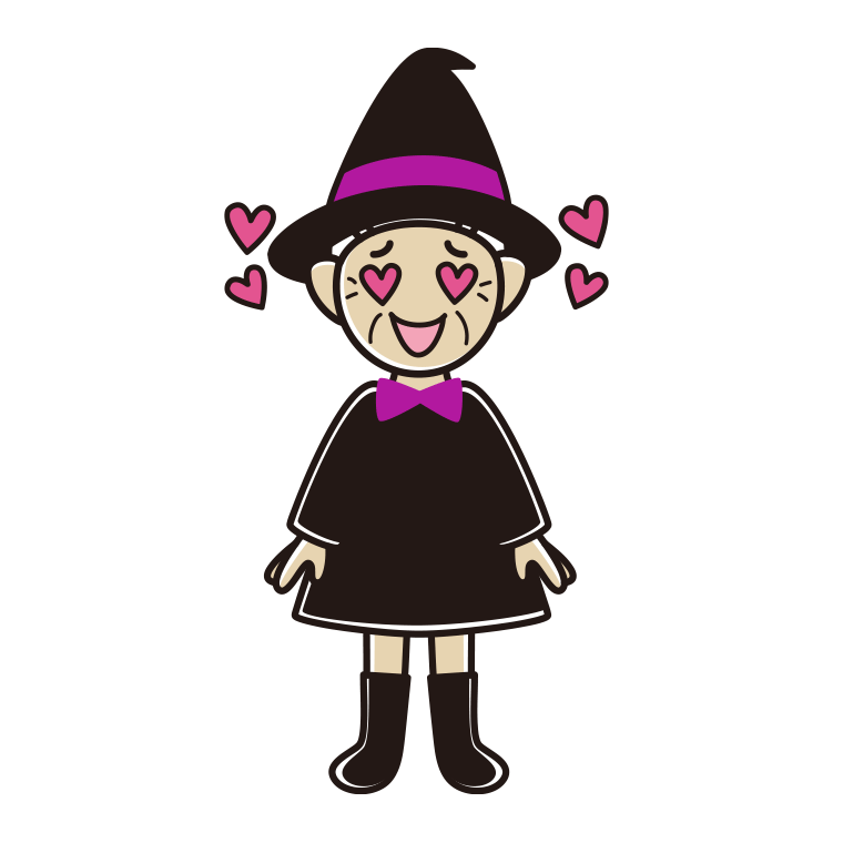 目がハートのハロウィンのコスプレ姿のおばあさんのイラスト【色あり、背景なし】透過PNG