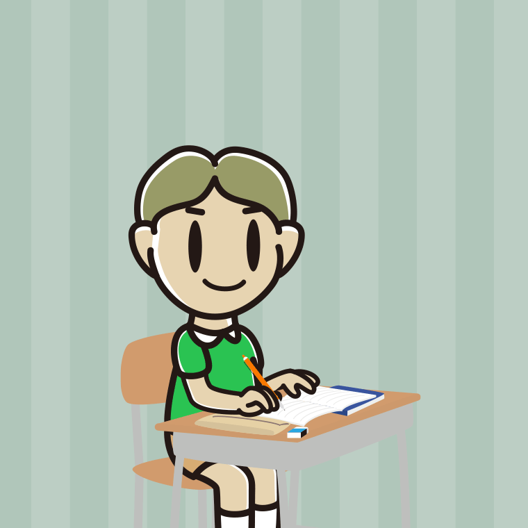 教室で授業を受ける小学生男子のイラスト【色、背景あり】PNG