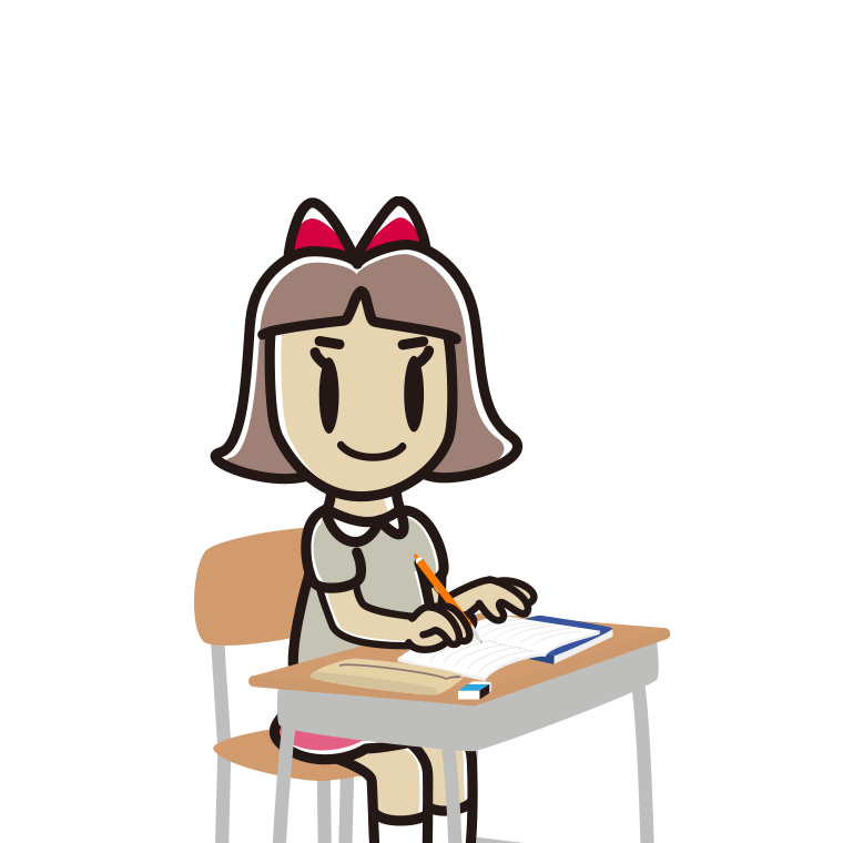 教室で授業を受ける小学生女子のイラスト【色あり、背景なし】透過PNG