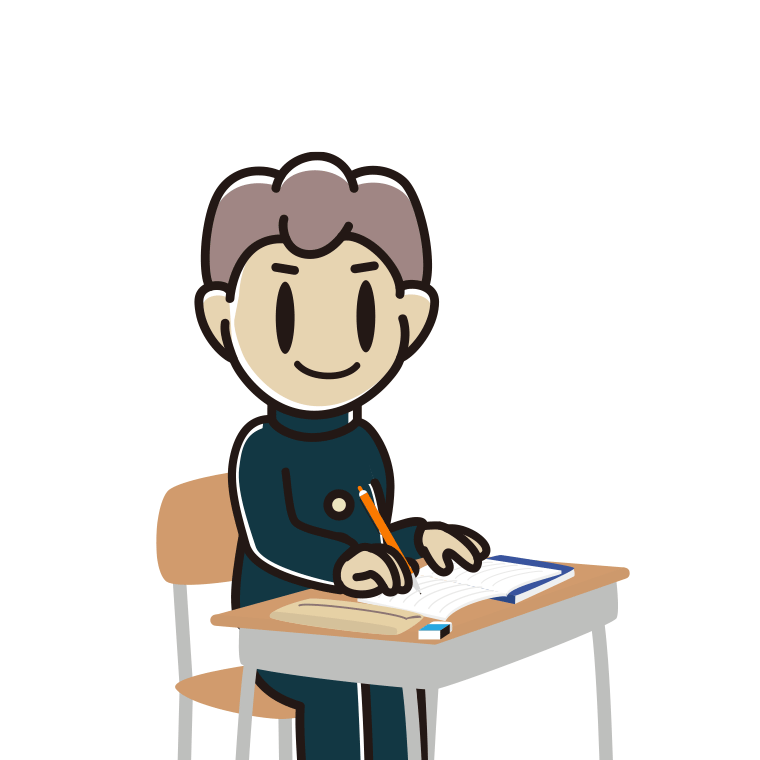 教室で授業を受ける男子中学生のイラスト【色あり、背景なし】透過PNG