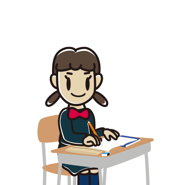 教室で授業を受ける女子中学生のイラスト【色あり、背景なし】透過PNG