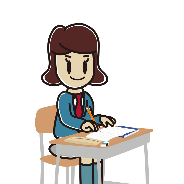 教室で授業を受ける女子高校生のイラスト【色あり、背景なし】透過PNG