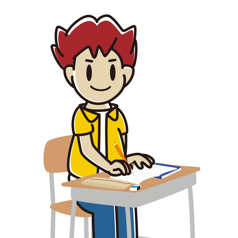 教室で授業を受ける男子大学生のイラスト【色あり、背景なし】透過PNG