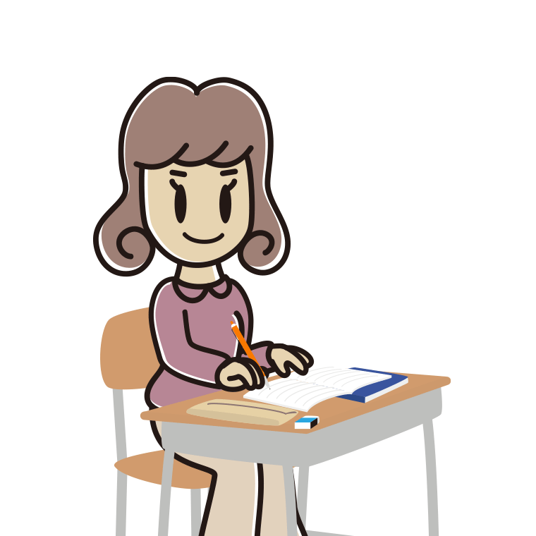 教室で授業を受ける女子大学生のイラスト【色あり、背景なし】透過PNG