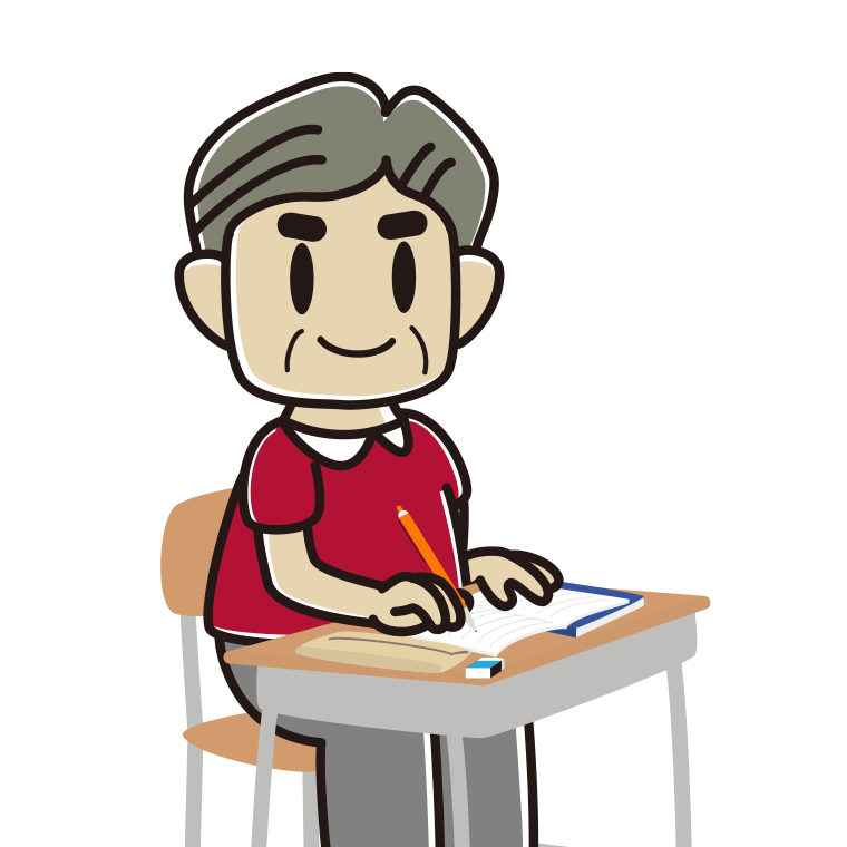 教室で授業を受けるおじさん（シニア）のイラスト【色あり、背景なし】透過PNG
