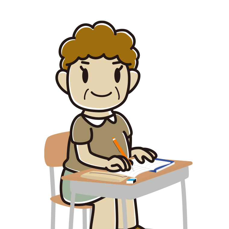 教室で授業を受けるおばさん（シニア）のイラスト【色あり、背景なし】透過PNG