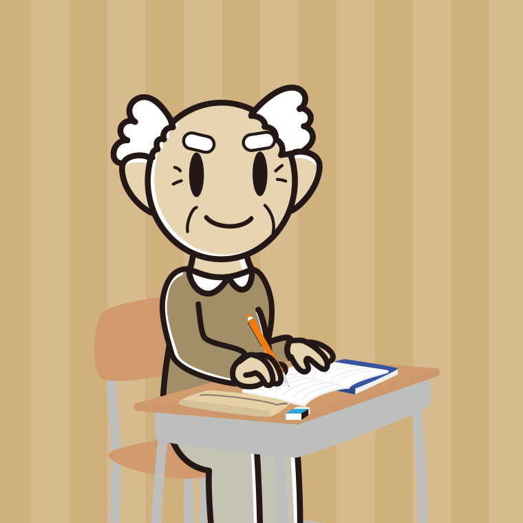 教室で授業を受けるおじいさん（シニア）のイラスト【色、背景あり】PNG