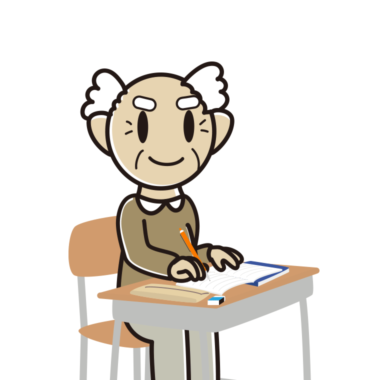 教室で授業を受けるおじいさん（シニア）のイラスト【色あり、背景なし】透過PNG