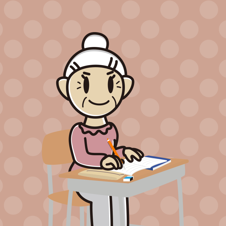 教室で授業を受けるおばあさん（シニア）のイラスト【色、背景あり】PNG