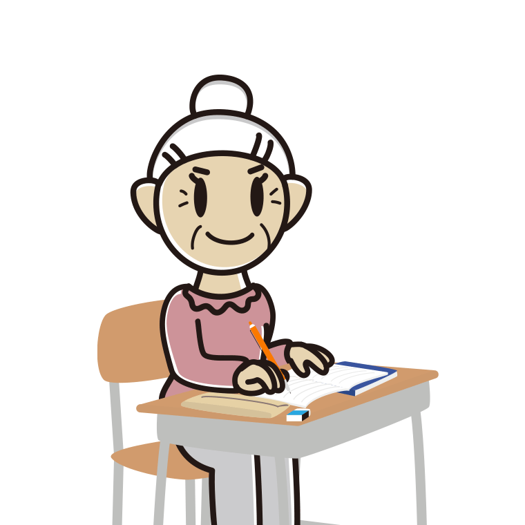 教室で授業を受けるおばあさん（シニア）のイラスト【色あり、背景なし】透過PNG