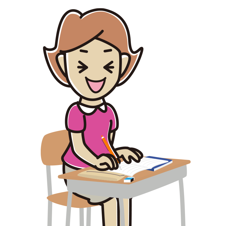 教室で授業中に笑う女性のイラスト【色あり、背景なし】透過PNG
