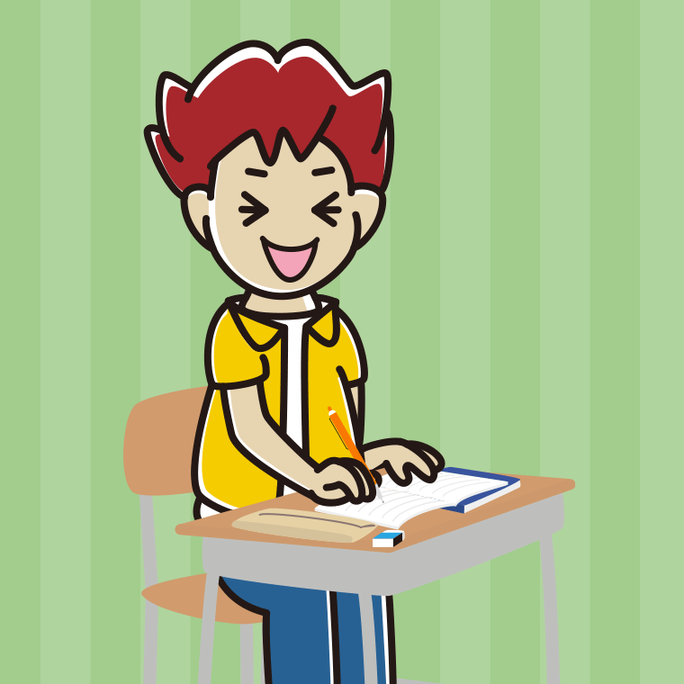 教室で授業中に笑う男子大学生のイラスト【色、背景あり】PNG