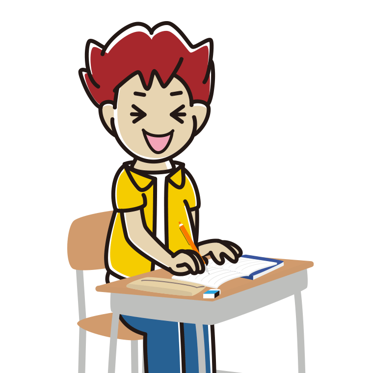 教室で授業中に笑う男子大学生のイラスト【色あり、背景なし】透過PNG