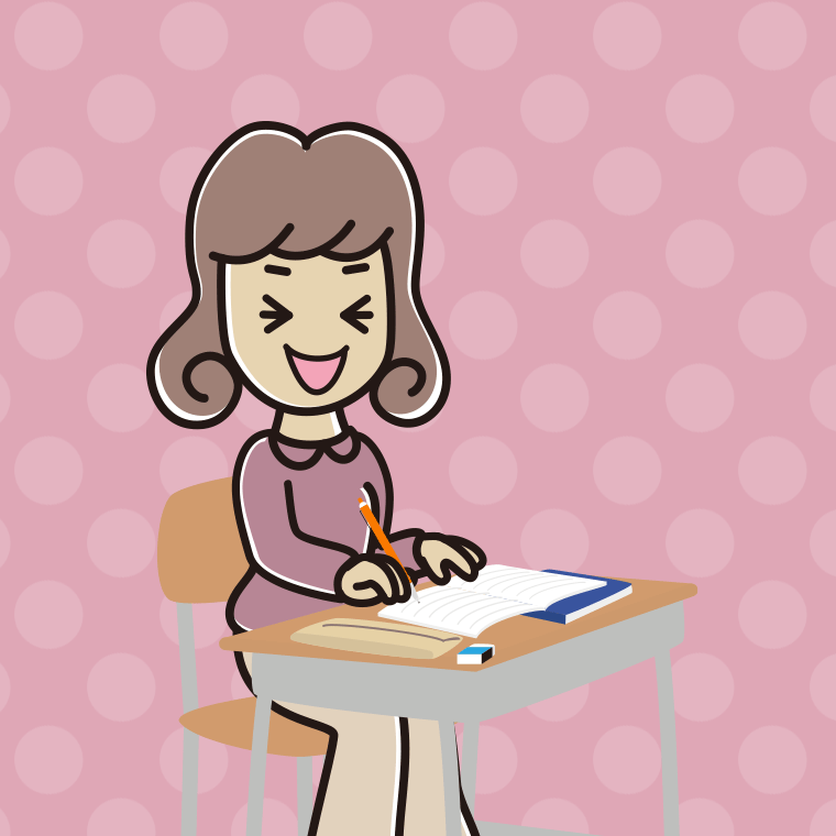 教室で授業中に笑う女子大学生のイラスト【色、背景あり】PNG