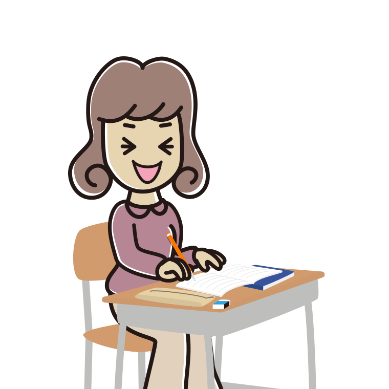 教室で授業中に笑う女子大学生のイラスト【色あり、背景なし】透過PNG