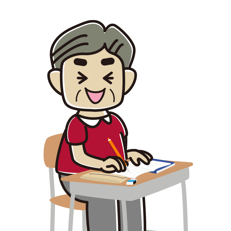 教室で授業中に笑うおじさん（シニア）のイラスト【色あり、背景なし】透過PNG