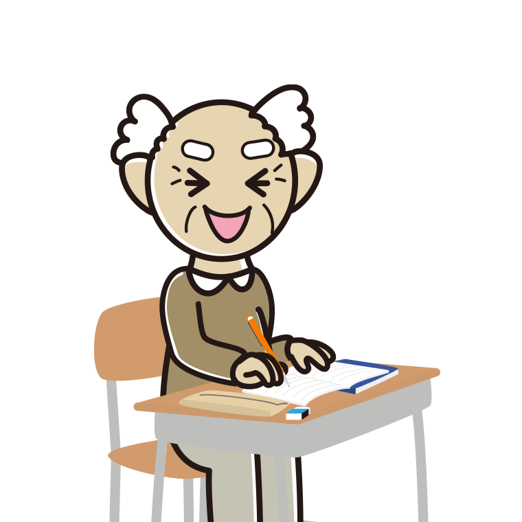 教室で授業中に笑うおじいさん（シニア）のイラスト【色あり、背景なし】透過PNG