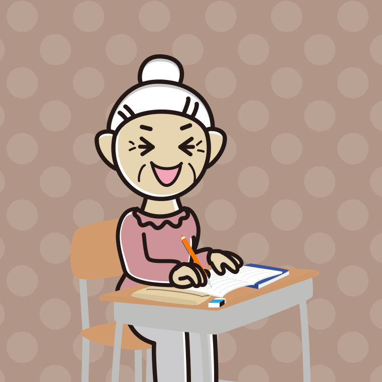 教室で授業中に笑うおばあさん（シニア）のイラスト【色、背景あり】PNG