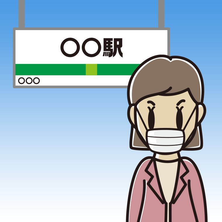 駅のホームでマスクをする女性会社員（カジュアル）のイラスト【色、背景あり】PNG