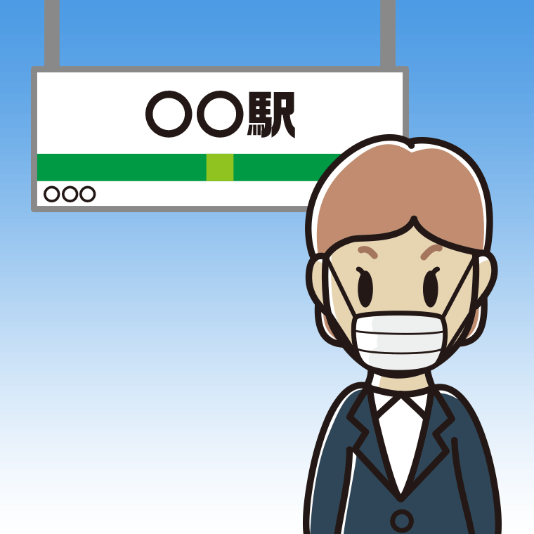 駅のホームでマスクをする年配女性会社員のイラスト【色、背景あり】PNG